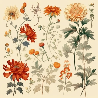 Clipart, vintage, stylized japanese old flowers, botanical illustration, hand drawn, texture