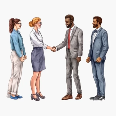 watercolor, A set of diverse team congratulates colleague Collection of people who celebrate career development, successful projects, or birthdays isolated. Man and woman employee shaking hands png Full body realistic cartoon in 32K UHD cute. 15 cm thick outline. Black color. There was no shadow on the ground. 8k with realistic watercolors and detailed illustrations. PNG clipart, transparent white background