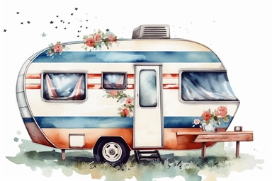 watercolor, illustration, teardrop camper, clipart,
