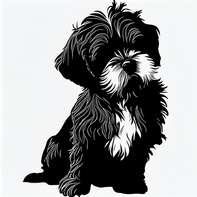 Havanese puppy, front view, black silhouette, portrait, simple outline, vector, logo design, clipart, isolated, no background, .75 gutter