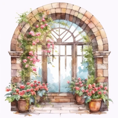 a watercolor realistic arch window opened and you can see colorful flowers outside clipart