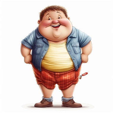 cartoon clipart funny style of very overweight 5 year old boy in dirty clothes.