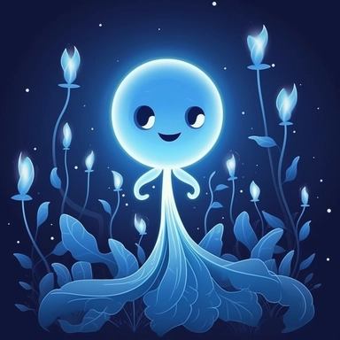 Create a charming clipart of a whimsical, soft-glowing will-o'-the-wisp floating against a plain, high-contrasted backdrop, designed in a playful cartoon style. Give the will-o'-the-wisp a magical quality by giving off a gentle blue light and adding a friendly facial expression. Make it appear almost weightless, as if it's hovering effortlessly in the air, giving the impression of a mystical, otherworldly creature.
