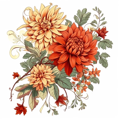 retro illustration of fall dahlias berries and twigs flowers and art nouveau details, professional clipart, soft boho color palette, inspired by sailor jerry tattoos, epic composition on white background, 8k