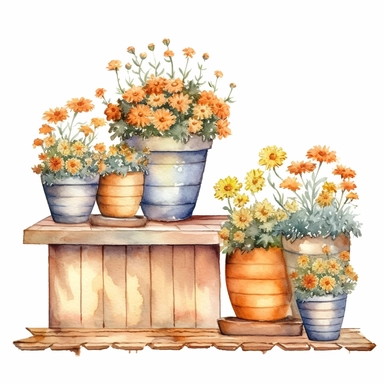 picturesque scene, a group of clay planter flower pots, clipart on white background, watercolor style, autumn vibes, high detail high quality 8k, painted by Beatrix Potter