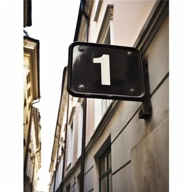 clipart illustration, realistic, photorealism, photo, extreme close-up, house number 1, enamel, street sign, Europe,