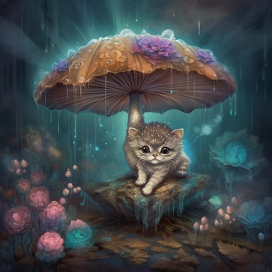 Charming, high-quality splashing art of a charming baby kitty, up close, sitting under a toadstool mushroom in the shape of an umbrella in an enchanted forest in the rain, dark shadows, deep contrast bioluminescence, magical, mystical, intricately detailed scene,soft pastel colors with a shade, bright colors, wet dirty earth, puddles, fantasy art, masterpiece, marked award-winning, Digital artwork, Clip Studio Paint, Rich colors, Painterly texture, trends in art communities, Adobe Photoshop