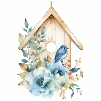 Watercolor bird house shaped tag with light blue florals white background clipart