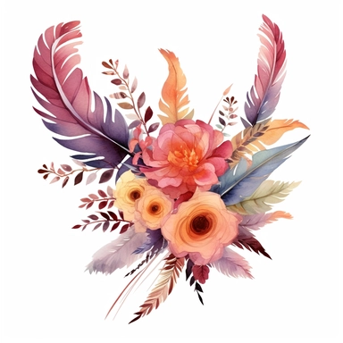 Design an auto sticker that exudes bohemian elegance through a combination of boho feathers and watercolor floral clipart bouquets. Let the graceful feathers and vibrant flowers create a captivating visual dance. Allow this design to reflect the free-spirited and sophisticated nature of the boho aesthetic.