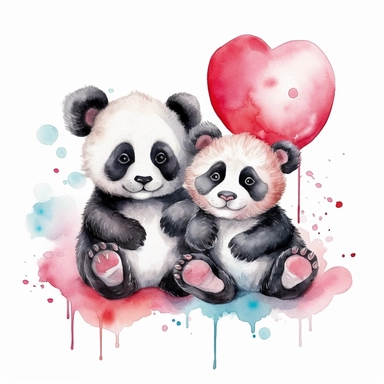 Clipart watercolor, white background: Two cute laughing baby pandas sitting side by side, holding a heart-shaped balloons, detailed, white background