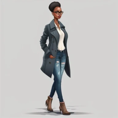 clipart of full body black woman with nice saco for cool weather with blue jeans. elegant loking realistic looking, full body with elegant shoes shoes, hd