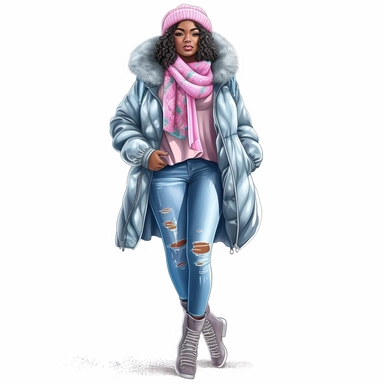 Hyperrealistic beautiful full figure black beauty lady, winter clothes fall attire, cute and colorful, clipart, hd, white background