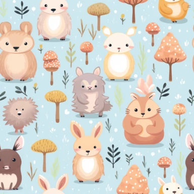 woodland animals in the style of kawaii art, mixed media print, soft colors, realistic brushwork, clipart seamless pattern, accurate anatomy
