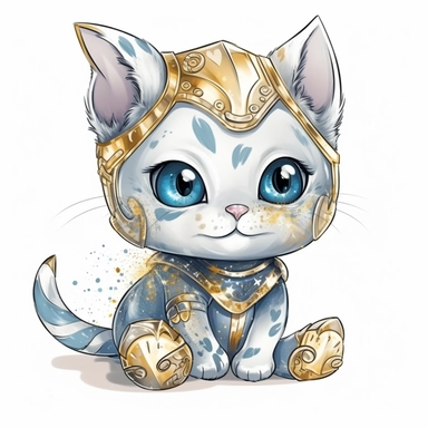 cute smiling gold silver blue baby cat with glitters with big sparkly eyes clipart cartoon style white background and a knight helmet