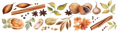Spices Watercolor. Set. Illustration for clipart. Designed for menus, culinary blogs, packaging, textiles, web design, sites, stickers, invitations, patterns, logos. Drawn by hand.
