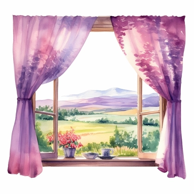 watercolor, hyper realistic, white background, white margins, 16k, ultra detailed clipart, cut out image, hand-drawn a kitchen window with pink and purple curtains, showcasing a scenic view of rolling hills and fields. in the style of colorful ink wash paintings, charming character illustrations, piles/stacks, creative commons attribution, digital painting, barroco