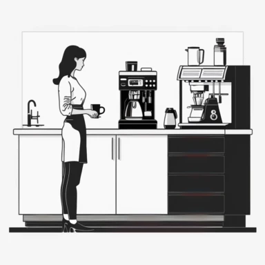 a person standing in the kitchen with a coffee machine on the counter, clipart, vector graphics, monochrome