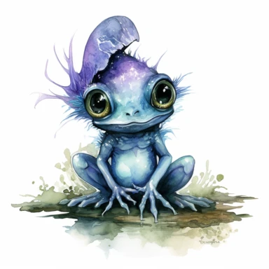 ink wash cute creature clipart on transparent background, rodney matthews style, no splash, black inky blue purple violet green, single sheet, 4k