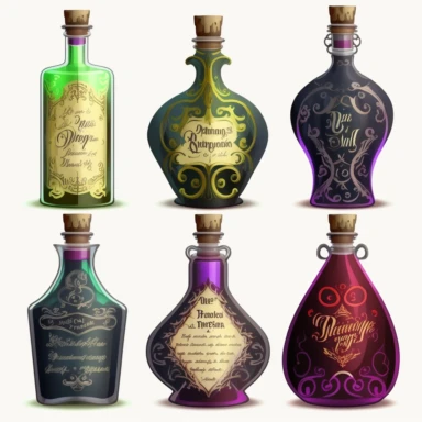 seamless realistic clipart image of gothic magic potion bottles could be a set of 6-8 hand-drawn pencil illustrations of various sizes and shapes of glass bottles with different colored liquids inside. Each bottle could have its own label indicating its name and purpose, such as Love Potion #9, Invisibility Elixir, Strength Tonic, Youth Serum, and so on. The labels could be designed with intricate calligraphy or spooky handwriting, and each bottle could have unique embellishments such as cork st