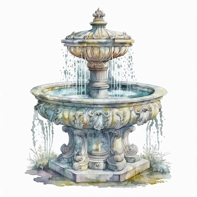 watercolor perfect detailed complicated fontain clipart with white background realistic colors, white background