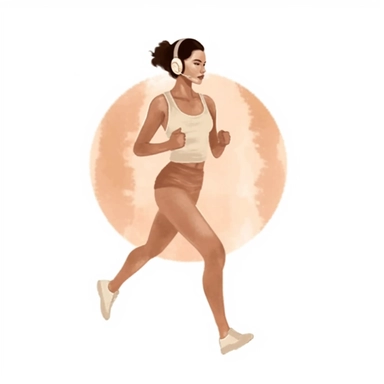 a watercolor sticker of a woman doing a power walk with earphones on and a fitness tracker on her wrist. Clipart. Neutral beige faded color palette. White background. Artistic illustration. Minimal. Hand-drawn.