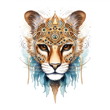 A haunting portrait of a voodoo cheetah, with sleek form, intense gaze, and a lightning-fast agility that makes it a fearsome predator. Clipart, watercolor, white background, intricate detail.
