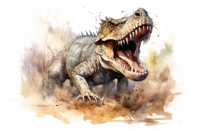 Watercolor, Show me the powerful bite and sharp claws of a Megalania hunting in the dense Australian wilderness clipart, hd, on a white background, spaced out