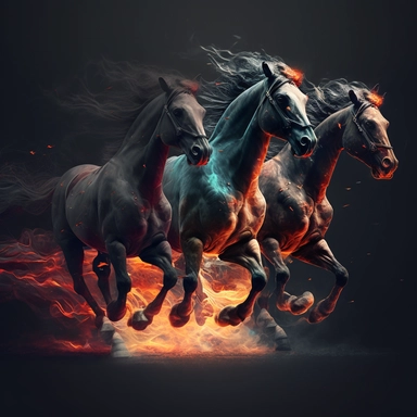 As the horses charge towards the enemy, their hooves pound the ground, creating a fiery intensity that echoes through the air, clipart, 8k, 3D.