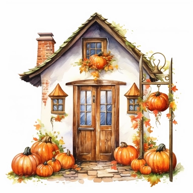 watercolor and oil image of decorated entrance and door of a german half timbered house, Halloween concept, carved pumpkins, lanterns, spider web, clipart on white background, photorealistic, hyperrealistic, detailed, on white background, clipart, vibrant colors, festive