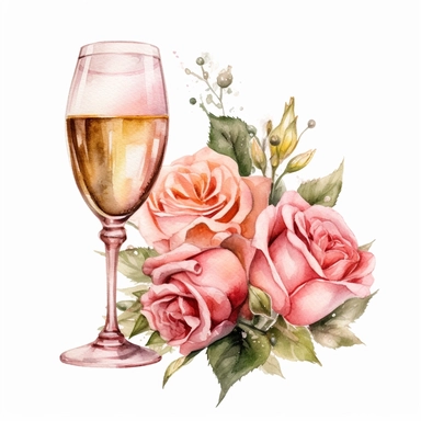 Clip art, goblet of champagne roses with a rose around watercolor pink
