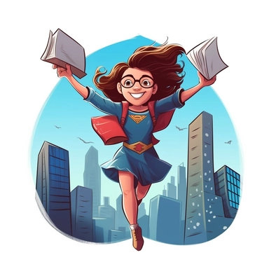 Young girl, 7 years old, dressed like a superhero, flying like superman and holding school books, flying, school in background, vector style graphic, positive vibe, clipart, single design, white background