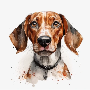 cute Swiss Hound dog portrait, full face, centered shot, side shot, dynamically posed, in action, playful mood, happy mood, playing mood, cute face, adorable smile, childlike eyes, clean watercolor illustration, white background, nursery baby imagery, painting, detailed, 8k, PNG, clipart,
