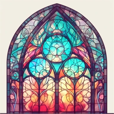 an intricate stained glass window design clipart, in the style of pastel gothic, #screenshotsaturday, reimagined religious art, multiple shapes,islamic art and architecture, watercolor illustrations, no background, vibrant colors, sunshine coming in through the glass