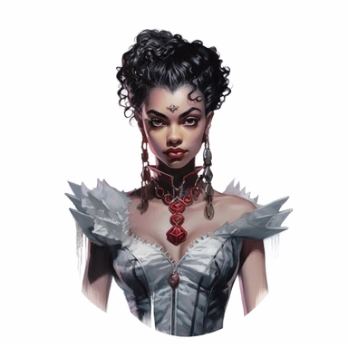 watercolor clipart, beautiful woman, vampire, african ethnicity, sharp pointy canines, bloomcore, pretty, looking at viewer, vintage gothic clothing, highly detailed, womancore, depth of field, dark aesthetic, detailed character illustration, multilayered realism, UHD, 8K, 3D, solid white background