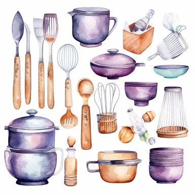 Watercolor kitchen utensils clipart for bakery decoration white background