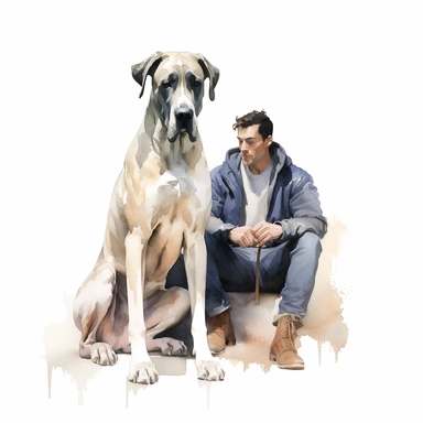 Great Dane sitting attentively next to its owner, their bond evident in their eyes, capturing the loyal and loving nature of the breed, white background, watercolor clipart.
