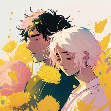 Dreamlike hyper realistic illustration of a couple in love embracing. The man has black hair. The girl is has white hair. In a field of pink and yellow flowers. Flat colors, simple lines, gorgeous lighting, graphic novel style, 2d painting, ink painting style, digital art, childrens character design, happy mood, pixar style cartoon, line work, minimalist, watercolor, 8k, PNG, clipart on white background, sticker style, studio ghibli vibe, studio ghibli style