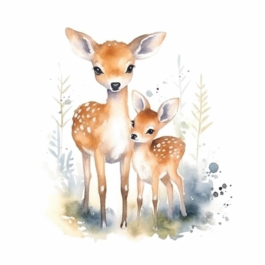 watercolor deer with baby hugging each other, lovely scene, friendly, heartwarming, positive, simple illustration, nursery art, white background, clipart style
