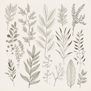 simple vector illustration, botanical, leaves and branches, leaf, branch, silhouette, elegant, outline, hand drawn, clipart svg, all white background