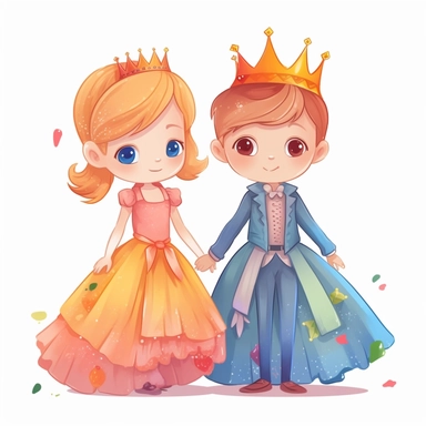 princess and prince, girl and a boy, realistic eyes, with a princess crown, full body, princess dress, fairy tale, 2D illustration, Colorful, light colored, white background, babycore, rainbow, Vector, Svg, Clip Art, Flat design,