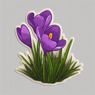 Isometric Sticker Clip Art of Crocus Flower in grass, children friendly, illustrated in a playful and realistic style, perfect for any special occasion, cut out in the shape of Crocus Flower, with no visible background, giving it the appearance of a sticker, conveying a mystical and whimsical mood, edited with Adobe Photoshop to adjust brightness and contrast, rendered as a transparent PNG file with a high resolution to ensure a crisp and clear image with no pixelation, suitable for various appl