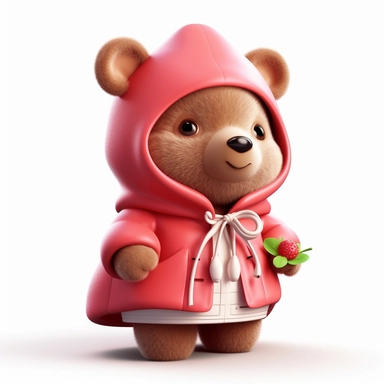 cute 3d small bear wearing a pink coat with a strawberry attached, vector, clipart
