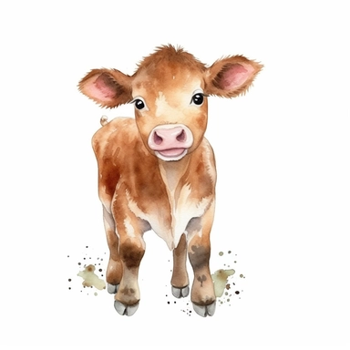 a friendly baby cow with smiling face and kind eyes clipart with watercolor illustration,full body shot,8k,etsy style, white background