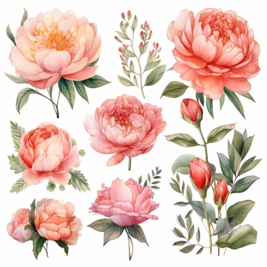 Handpainted romantic set with watercolor peonies, flowers, roses and leaves.15 lovely clipart isolated.Perfect your project,greeting cards,wedding,Birthday cards,bouquets,wreaths,invitations,logos