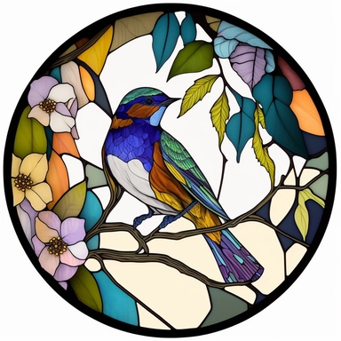 Exotic Bird Colorful Stained Glass Circle Clipart, white background,