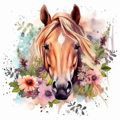 Watercolor Summer Horse Face clipart, hyper realistic, detailed, stylised, nature scene, hyper detailed, cozy colors