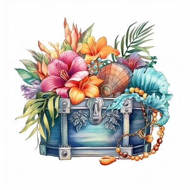 clipart, isolated on white background, Watercolor spring ornated treasure chest with jewelry on the beach, detailed, flowers and plants, ornated, pastel colors