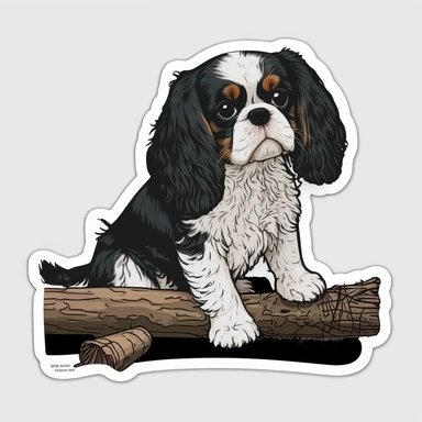 Black white King Charles Spaniel playing with wood, Clipart, flat looking, sticker
