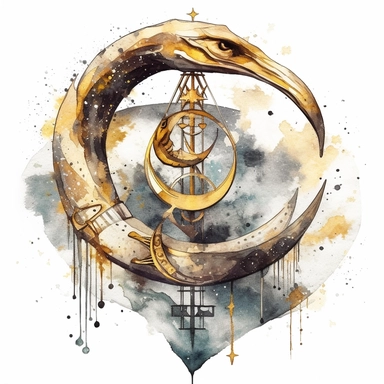 clipart watercolor creepy magic snake with crescent moon and stars, gold and gray color style, fantasy, detailed, white background, illustration painting, collaged constructions, digital art, in the style of sculptural and geometric, forced perspective drawings, Geometric brushstrokes form an intriguingly abstract, painterly figure