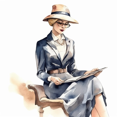 boss lady with formal clothing and baseball hat reading book watercolor clipart black lines white background